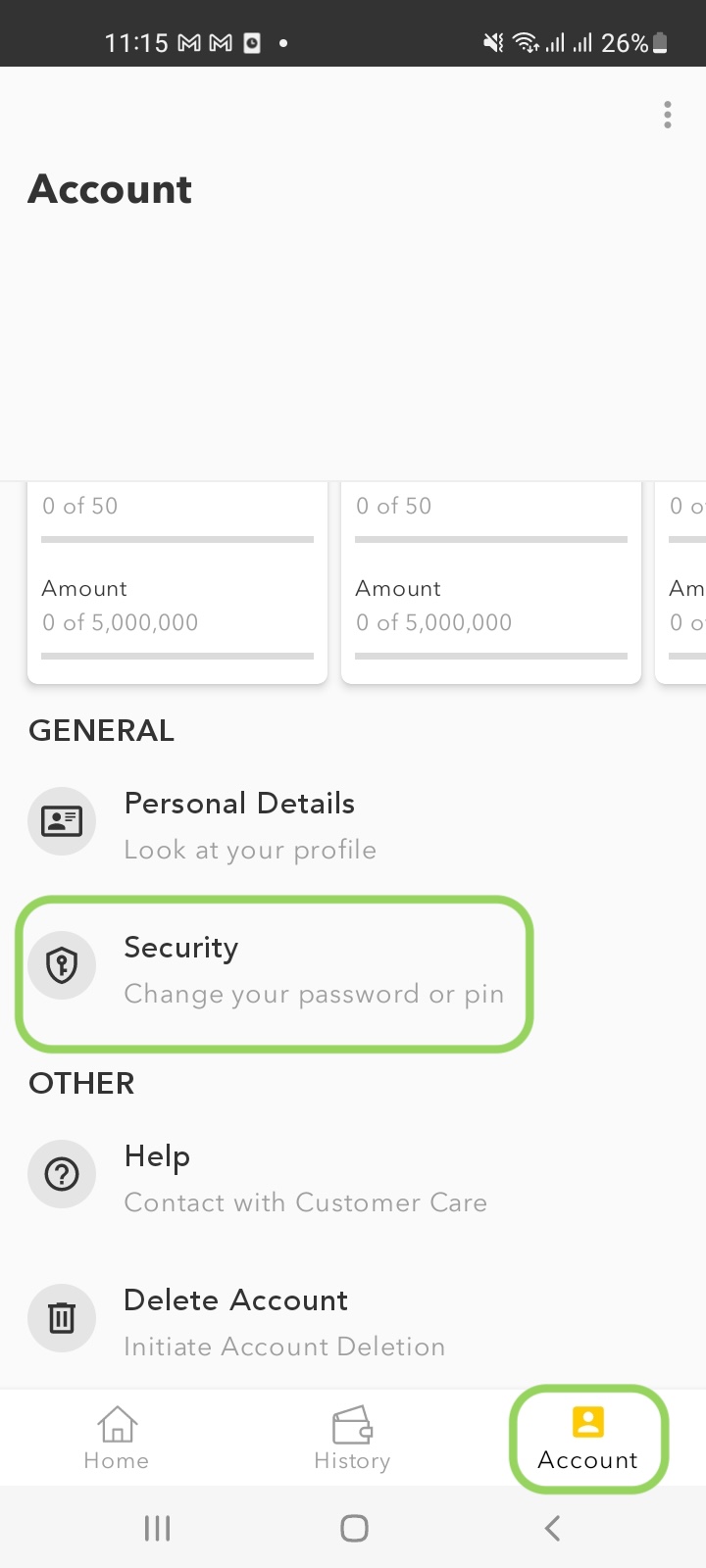 Account Security Screen