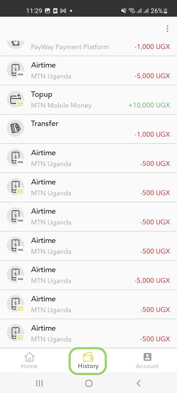 History Tab Transaction List