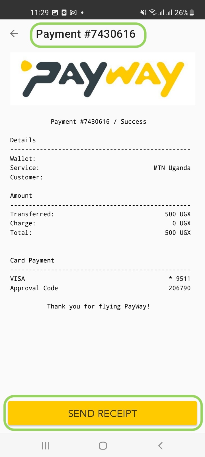 Payment Receipt with ID and Send Receipt Option