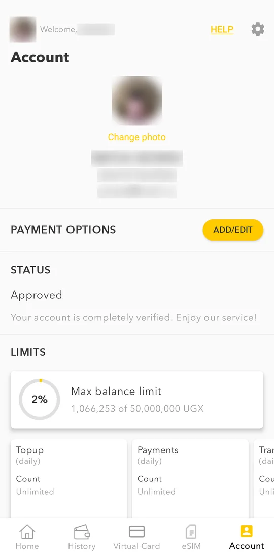 Account screen with status and limits