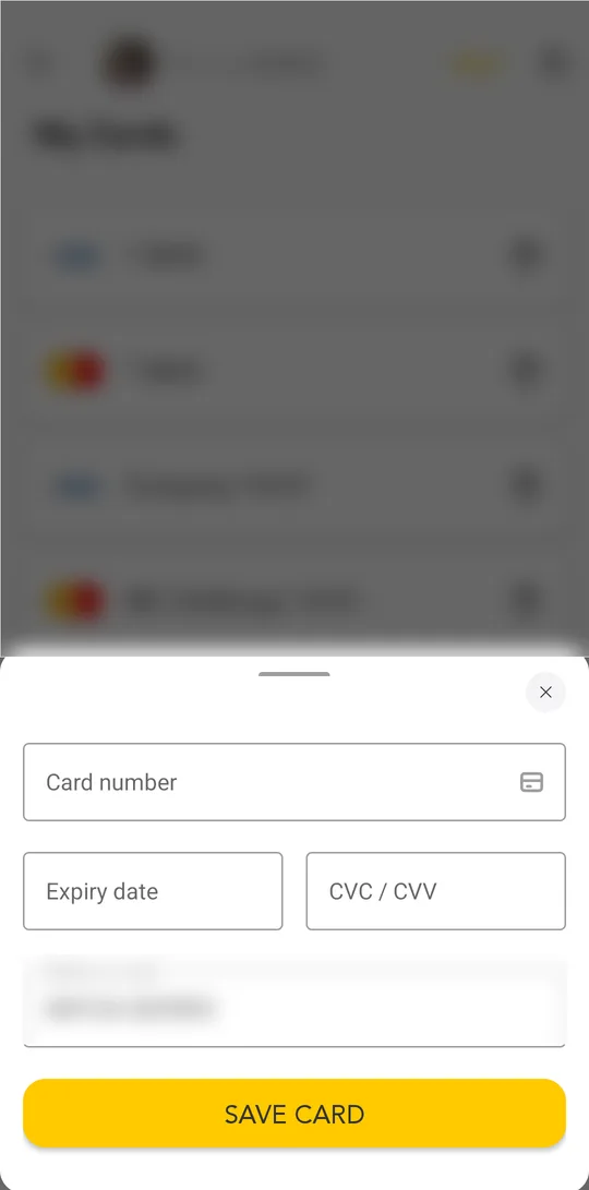 Enter the card number, expiry date and CVC. Check the name on the card and tap SAVE CARD.