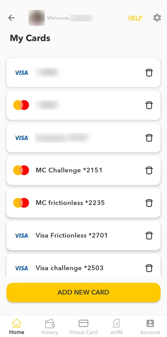 On the home screen tap Payment Options (or ADD/EDIT in Account). You see My Cards. Tap Add New Card.