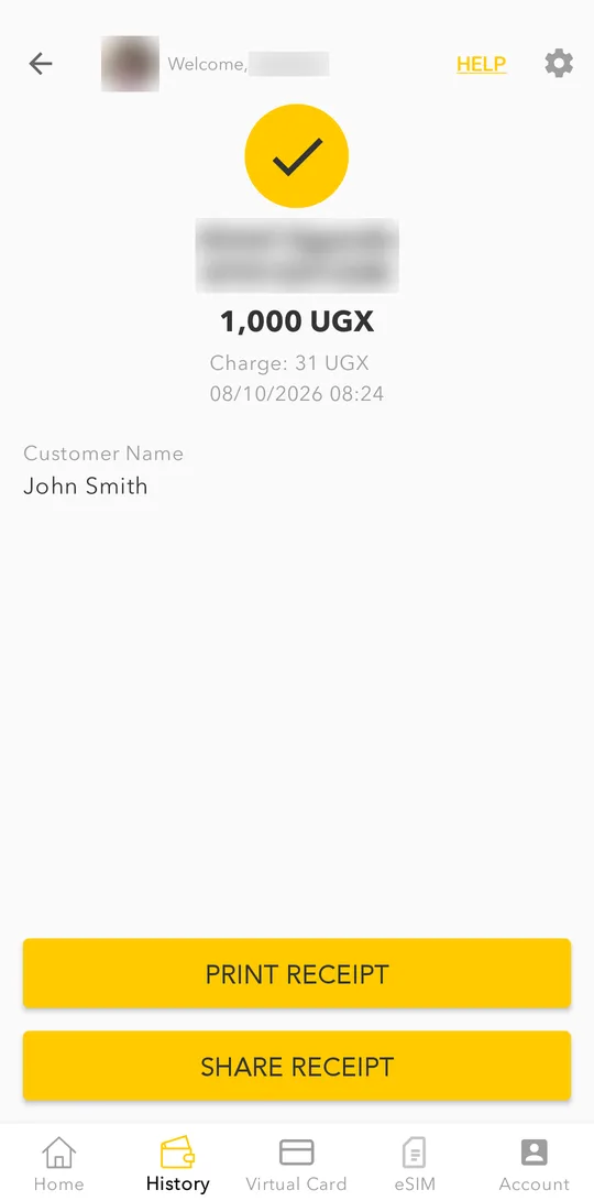 Tap a transaction to see its details: transaction ID, charge and your balance before and after.