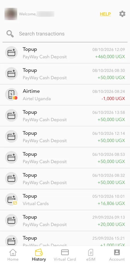 Open the History tab. Use Search transactions to find a payment by name or number.