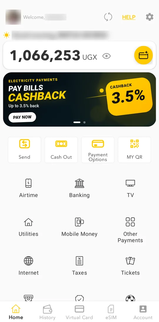 On the home screen, tap the yellow top-up button next to your balance.