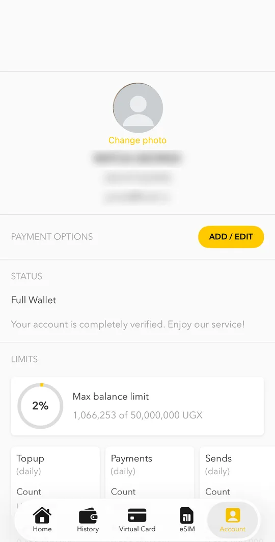 Account screen with status and limits