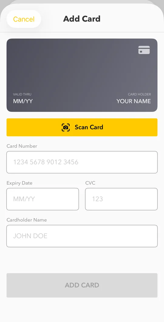 Enter the card number, expiry date and CVC. Check the name on the card and tap SAVE CARD.