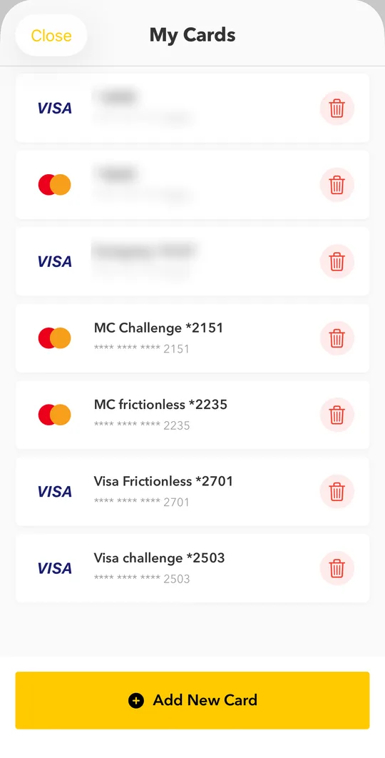 On the home screen tap Payment Options (or ADD/EDIT in Account). You see My Cards. Tap Add New Card.