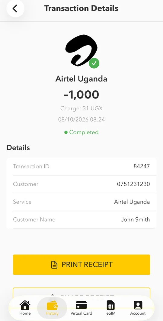 Tap a transaction to see its details: transaction ID, charge and your balance before and after.