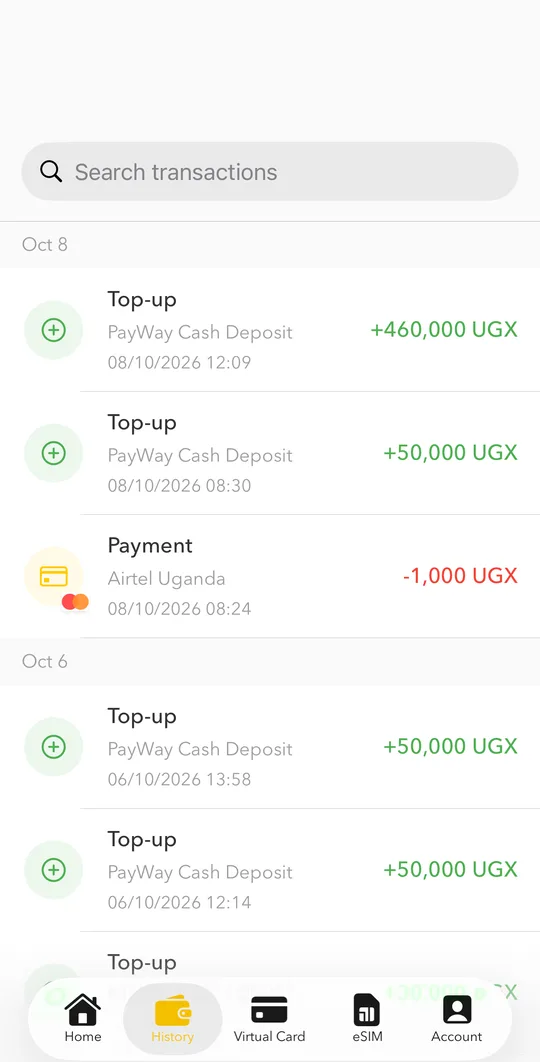 Open the History tab. Use Search transactions to find a payment by name or number.