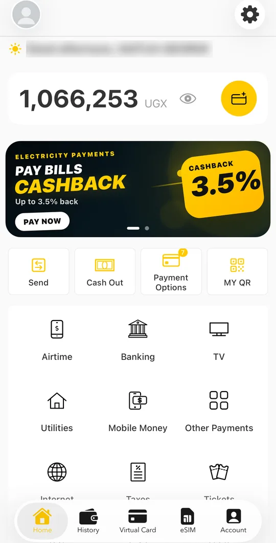 On the home screen, tap the yellow top-up button next to your balance.