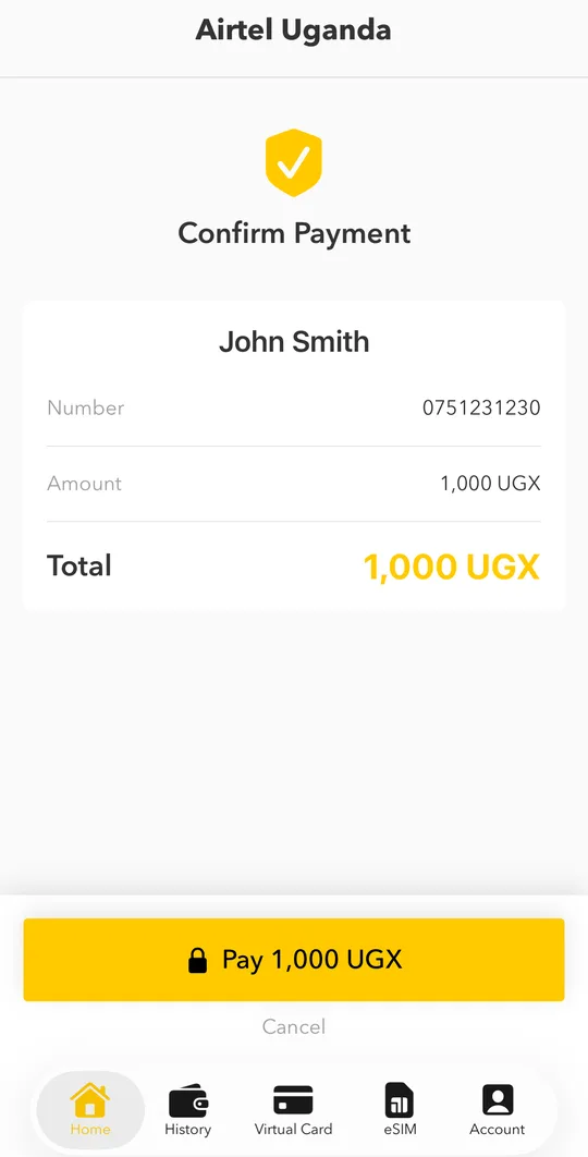 Check the customer name, the number and the total on Confirm Payment.