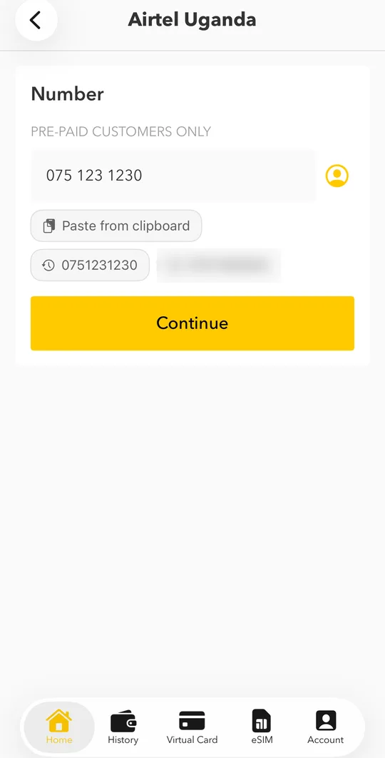 Enter the phone, meter or account number, or tap one you used before, then tap NEXT.