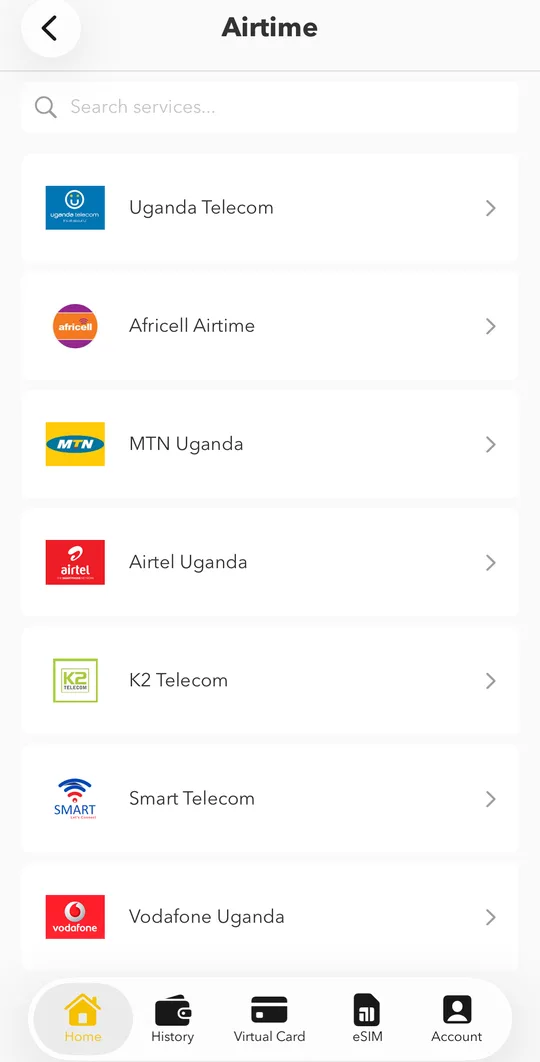 Choose the service, for example your network for airtime.