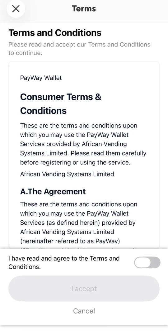 Read the Terms and Conditions, tick the box and tap I accept.