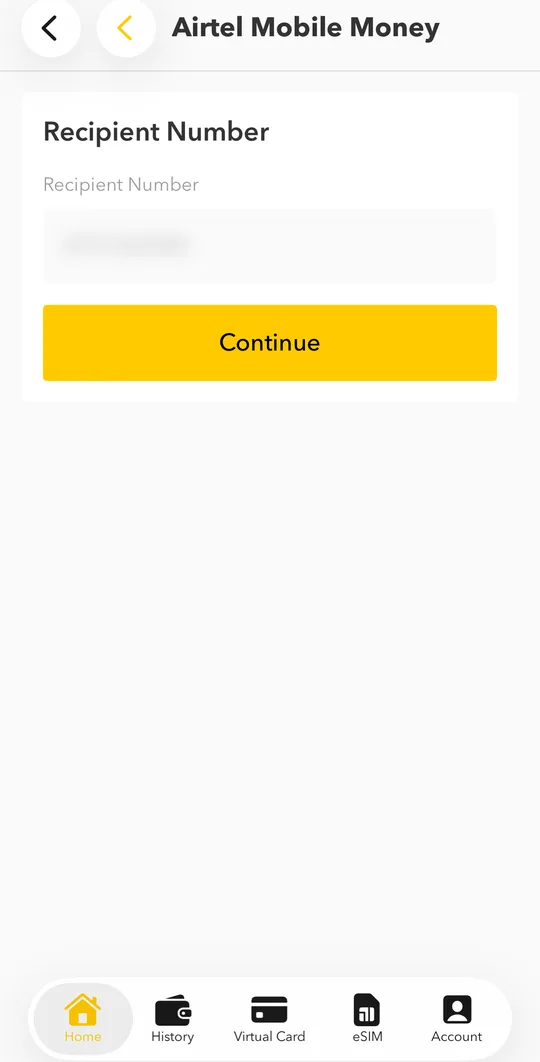 Your own number is already filled in: top-up always comes from your own registered number. Tap NEXT.