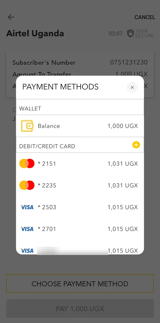 Payment methods: wallet balance or a bank card