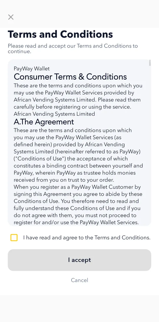 Read the Terms and Conditions, tick the box and tap I accept.