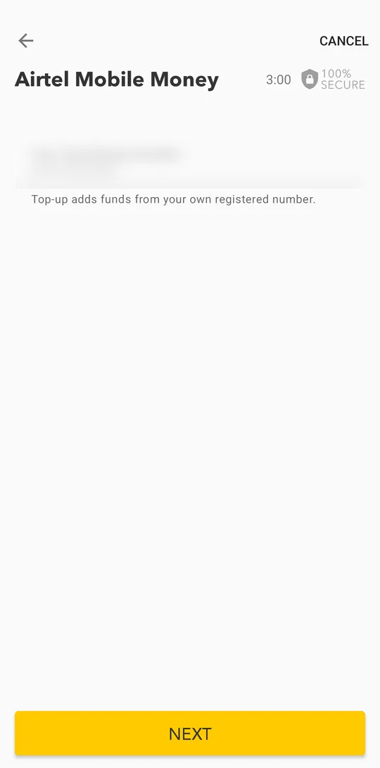 Your own number is already filled in: top-up always comes from your own registered number. Tap NEXT.