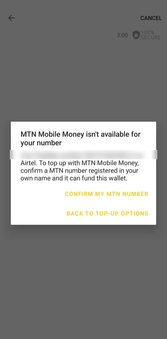 Choose the Mobile Money of the other network. The app explains that it is not available for your number and offers to confirm your number on that network, for example Confirm my MTN number. Tap it.